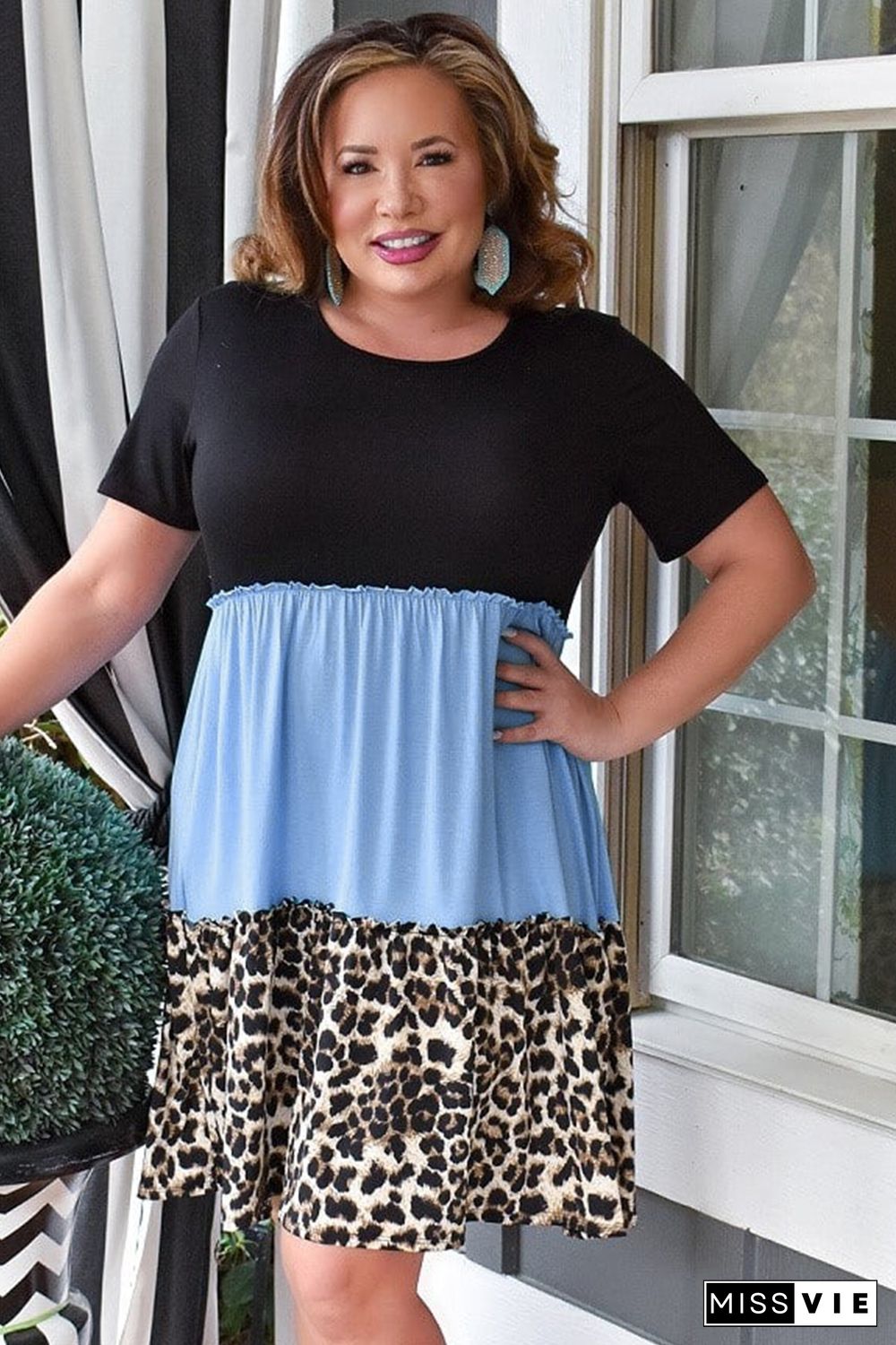 Sky Blue Colorblock Leopard Patchwork T Shirt Plus Size Dress