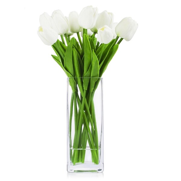 Enova Home Artificial Real Touch Tulips Fake Silk Flowers Arrangement in Glass Vase with Faux Water for Home Wedding Decoration