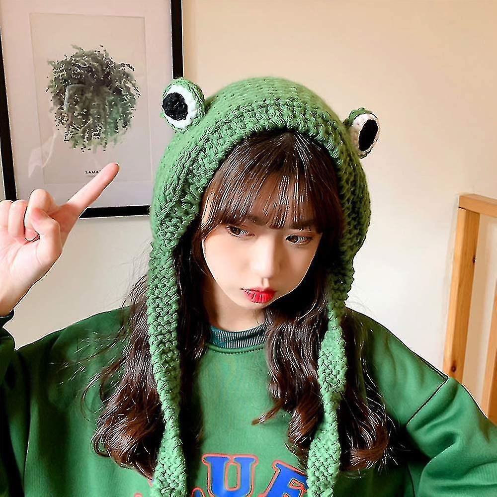 Frog Hat Crochet Knitted Hat Outdoors Autumn Big Eye Frog Knitted Winter Cute Ear Protective Beanie Hats K