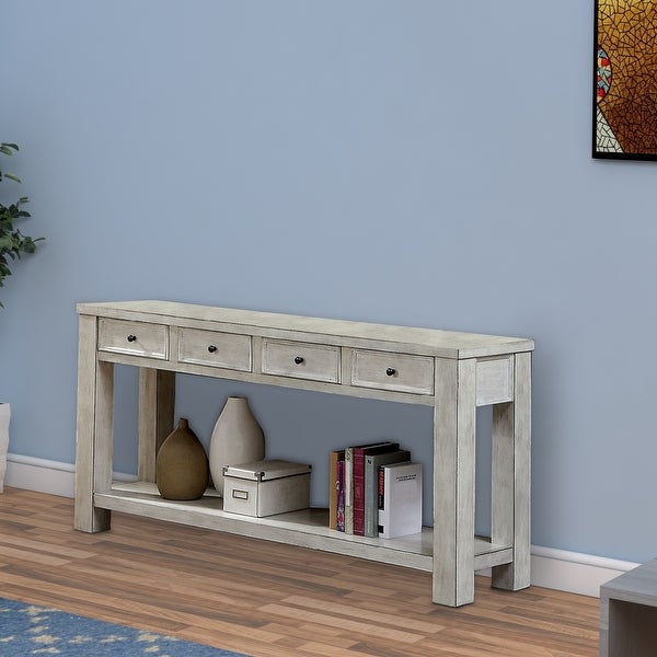 Transitional Wooden Console Table with 4 Drawers and Open Shelf， White