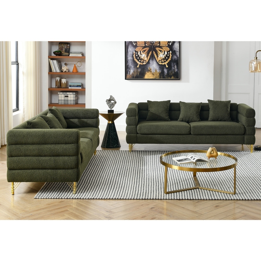 Green Teddy Upholstered Sofa Set with Pillows (2x 3 Seater)