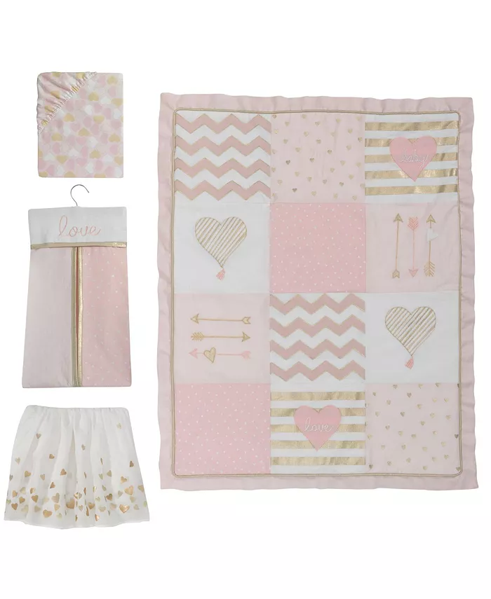 Lambs and Ivy Baby Love Metallic Gold Pink White Hearts， Stripes and Chevrons 4-Piece Nursery Crib Bedding Set