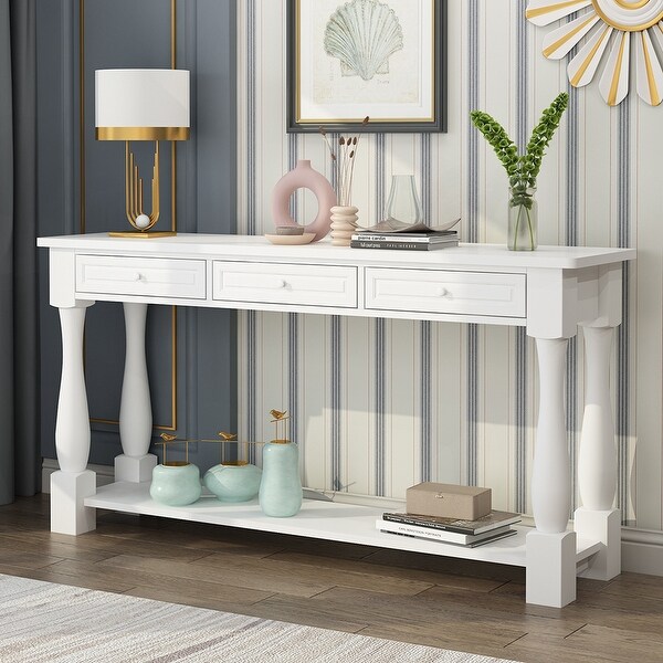 Sofa Table with Storage Drawers and Bottom Shelf， Wood Console Table