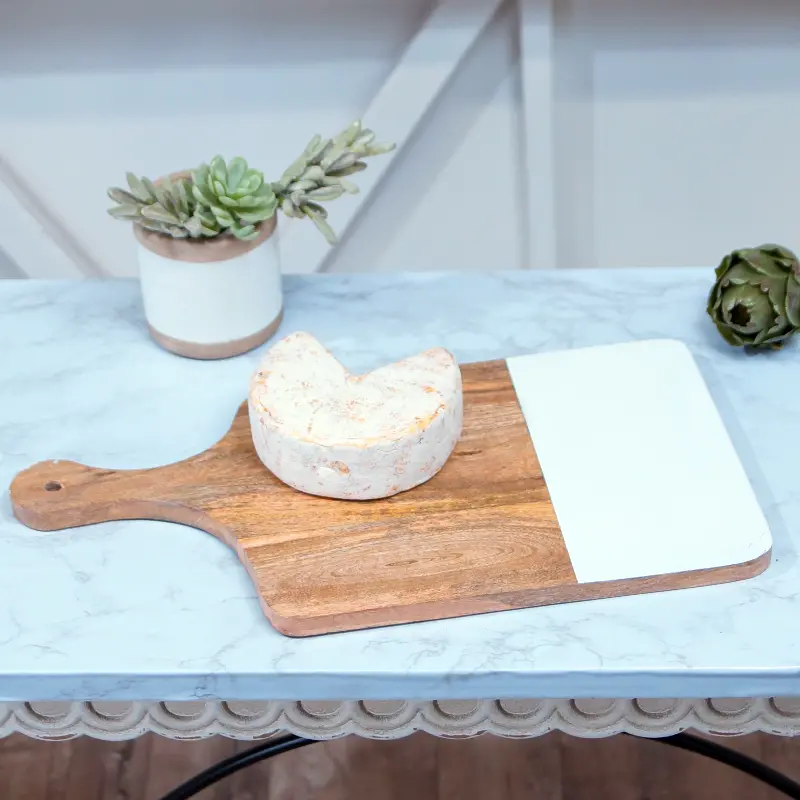 Mango Wood Cutting Board with Handle and White Enamel Accent