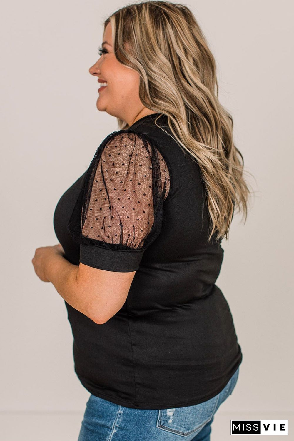 Black Dotty Mesh Splicing Bubble Sleeve Plus Size Top