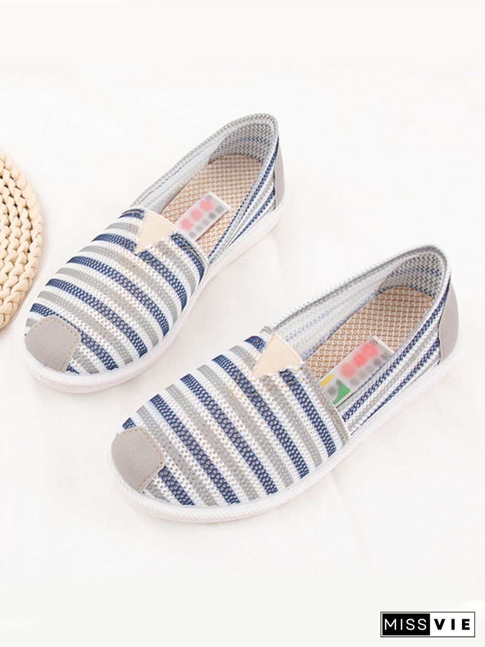 Striped Print Non-slip Soft Sole Round Toe Pumps Canvas Flats