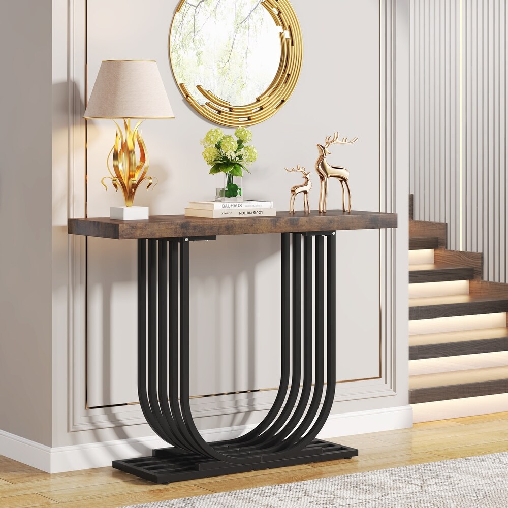 40 Inch Modern Faux Marble Entryway Table  Foyer Table  Narrow Sofa Accent Table with Geometric Metal Legs