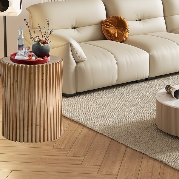 Retro Cylindrical Coffee Table with Vertical Texture Relief Design