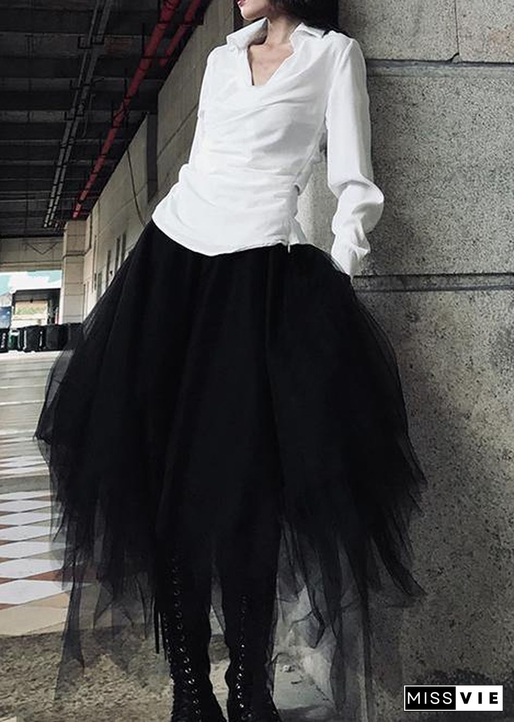 Organic White High Waist asymmetrical design Summer tulle Skirt