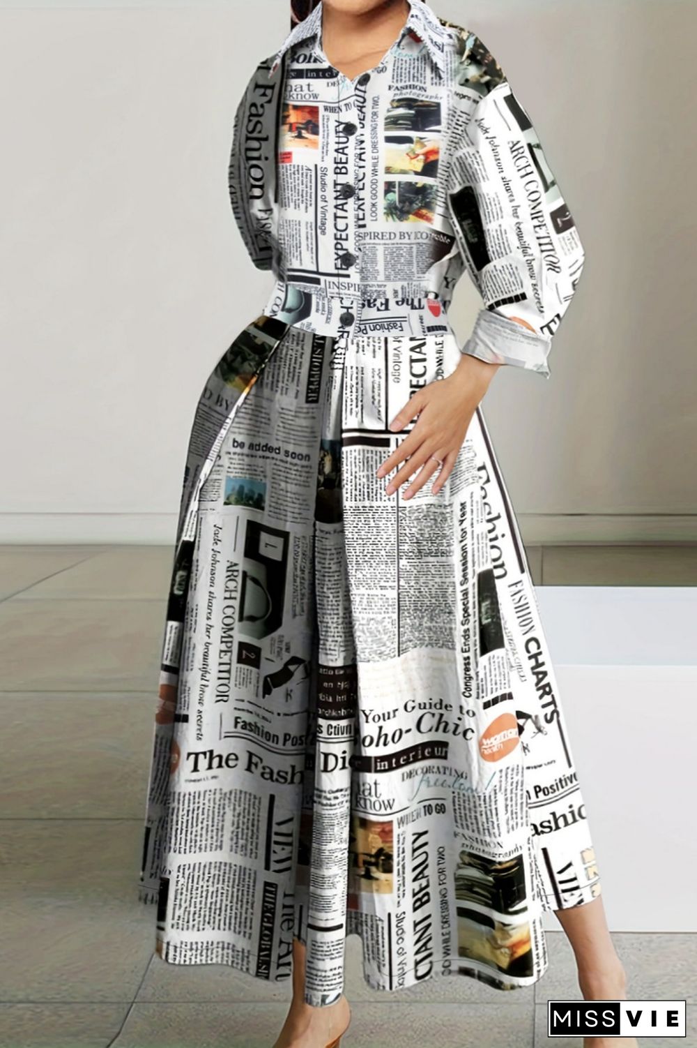 Casual Print Patchwork Turndown Collar Long Sleeve Dresses