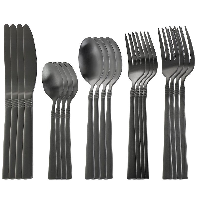 MegaChef Pro Cravat 20 Piece Flatware Utensil Set， Stainless Steel Silverware Metal Service for 4 in Matte Black