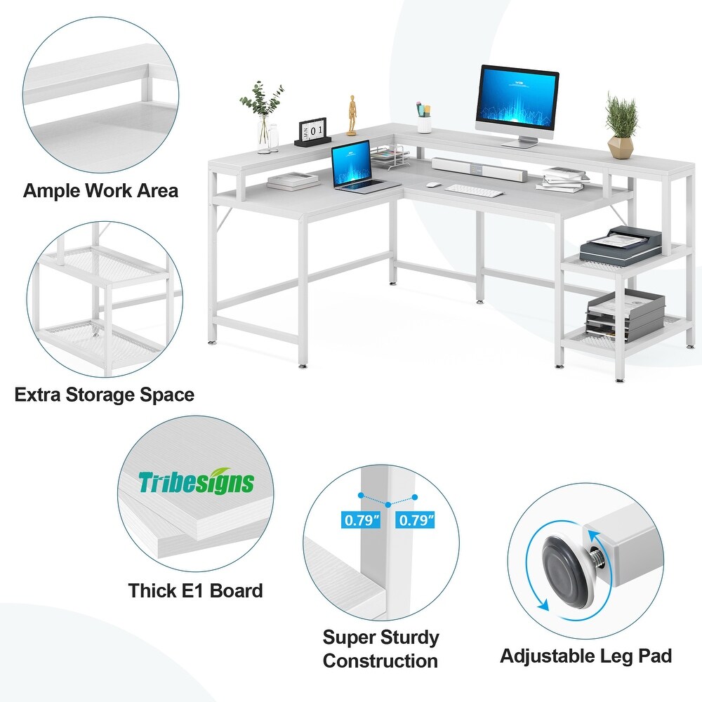 Reversible L Shaped Desk with Monitor Shoelf  Large Computer Desk for Office Home