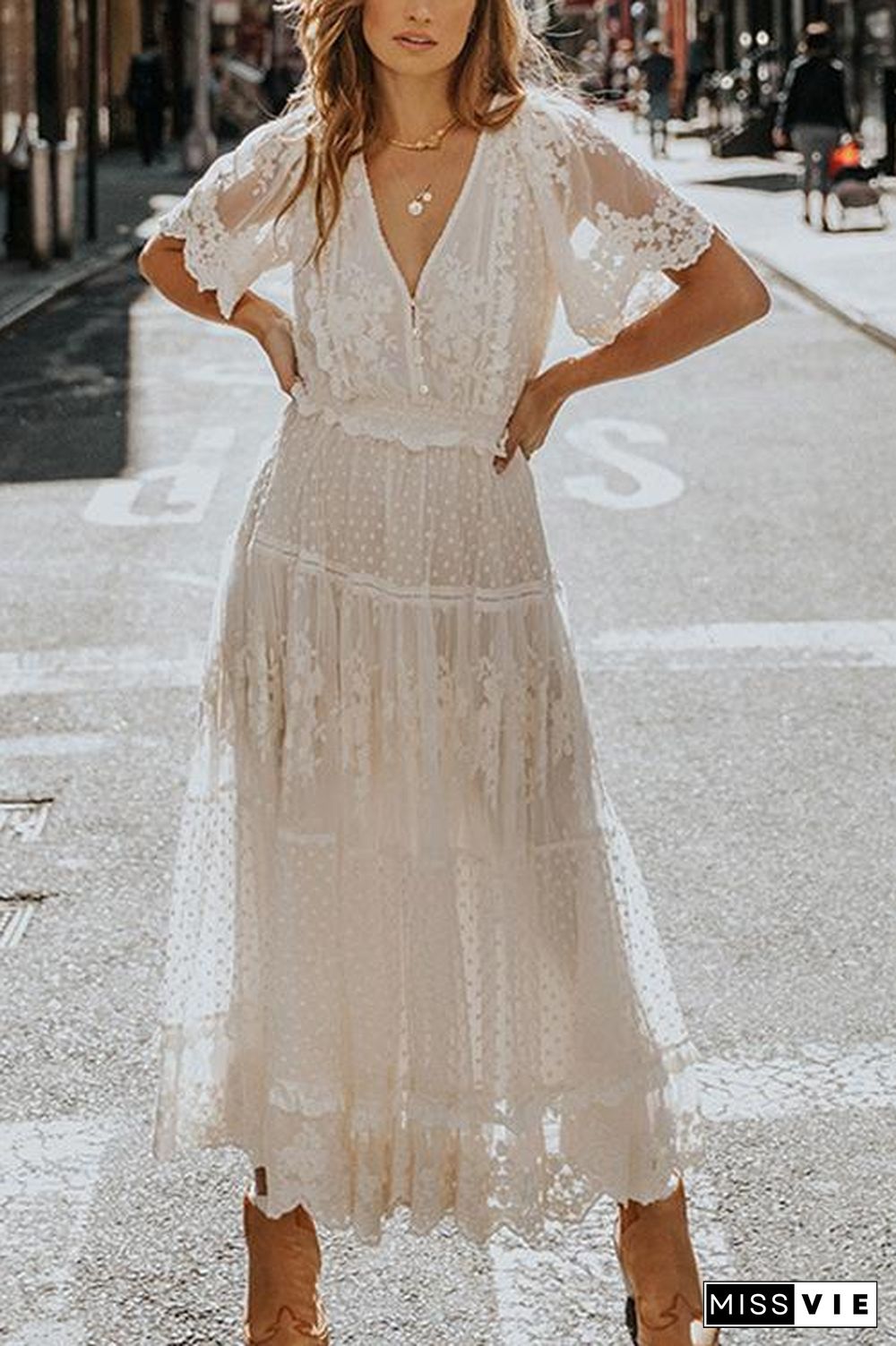 Button Lace V Neck Short Sleeve Maxi Dress