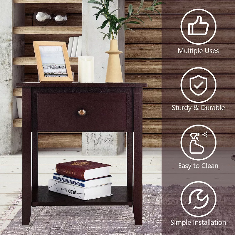 Nightstand with Drawer and Storage Shelf for Bedroom Living Room