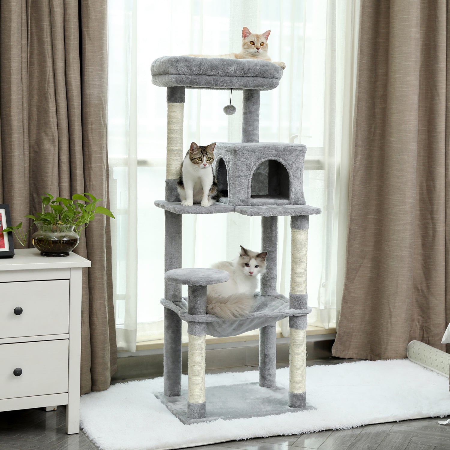 HDJ 56 Inch Cat Tree,Cat Tower with Sisal Scratching Post, Cozy Condo, Top Perch, Hammock and Dangling Ball,Gray