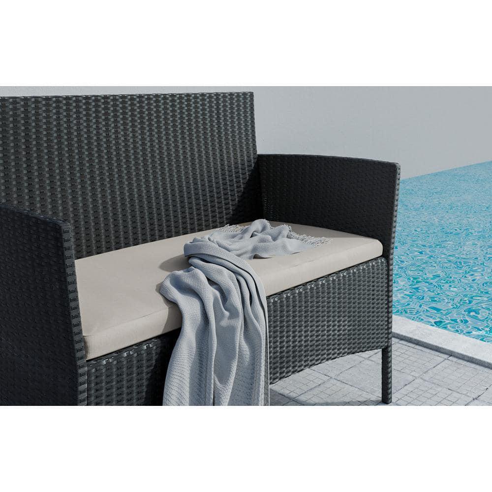 bigzzia Black 4Pieces PE Wicker Outdoor Patio Furniture Sets Loveseat Includes Armchairs and Table with Cushions