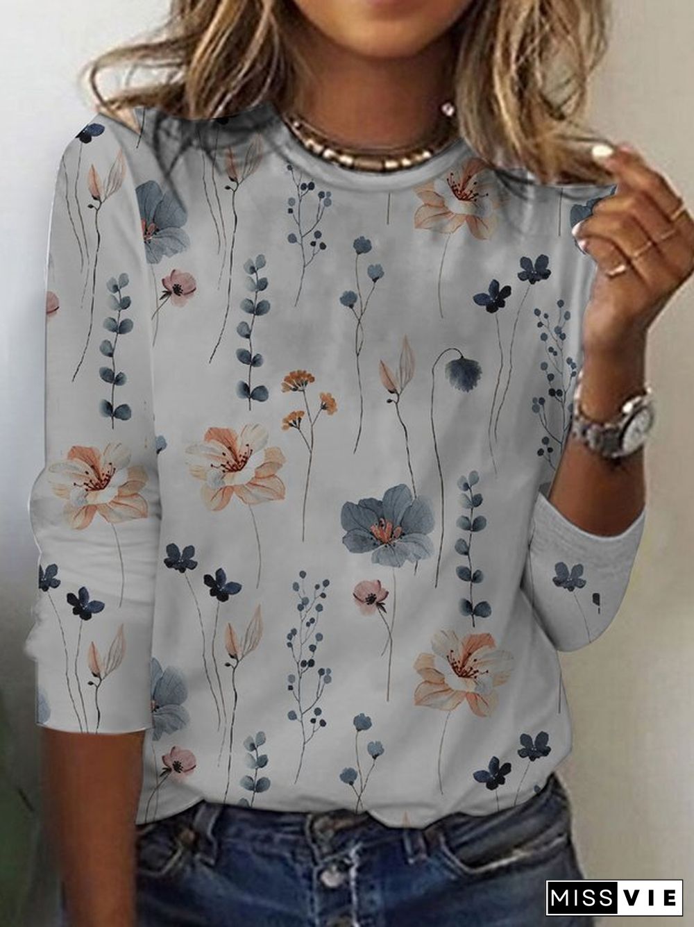 Floral Print Casual Crew neck Long Sleeve T-Shirt