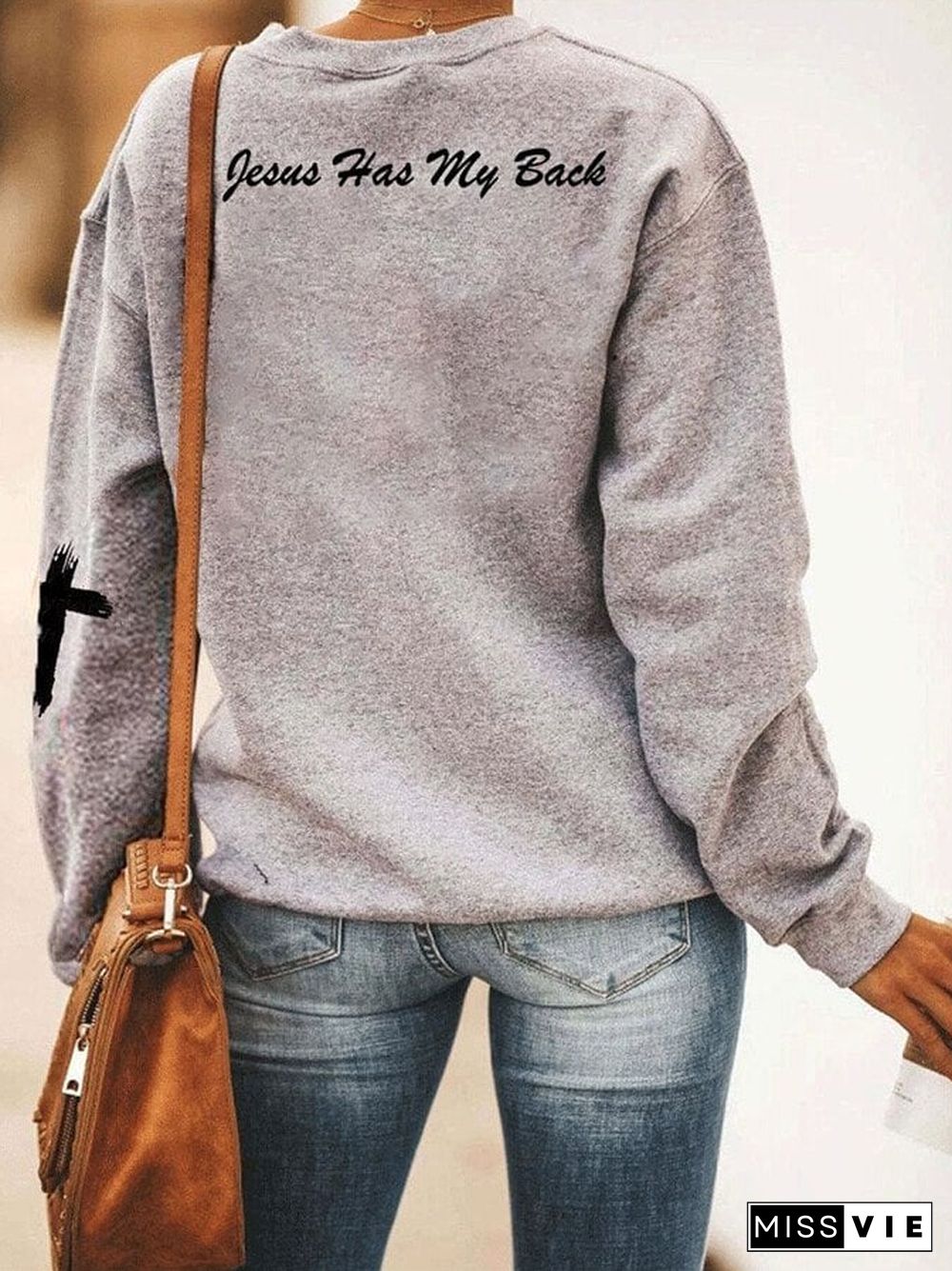 Women's Jesus Has My Back, Half Hood Half Holy Crew Neck Sweatshirt