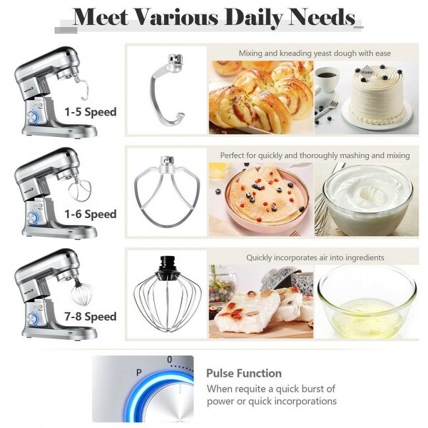 4.8 Qt 8-speed Electric Food Mixer with Dough Hook Beater - 13.5