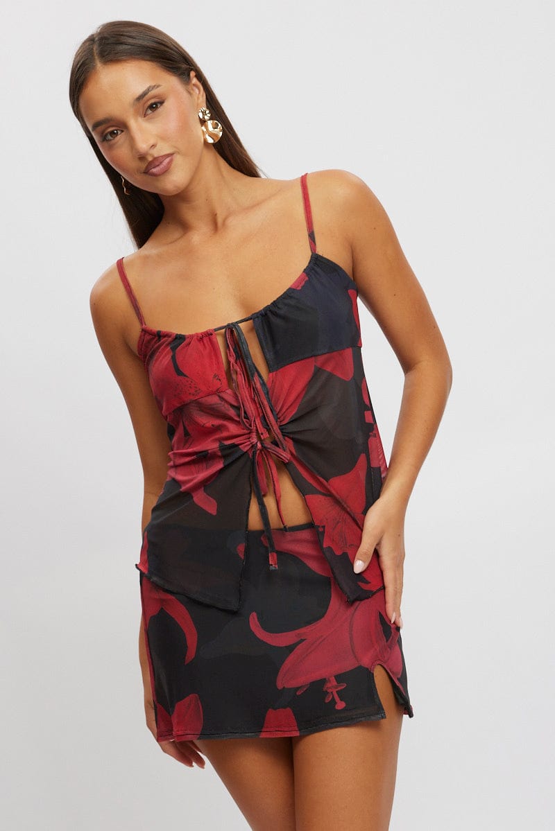 Red Floral Mini Skirt Mid Rise Slit Mesh