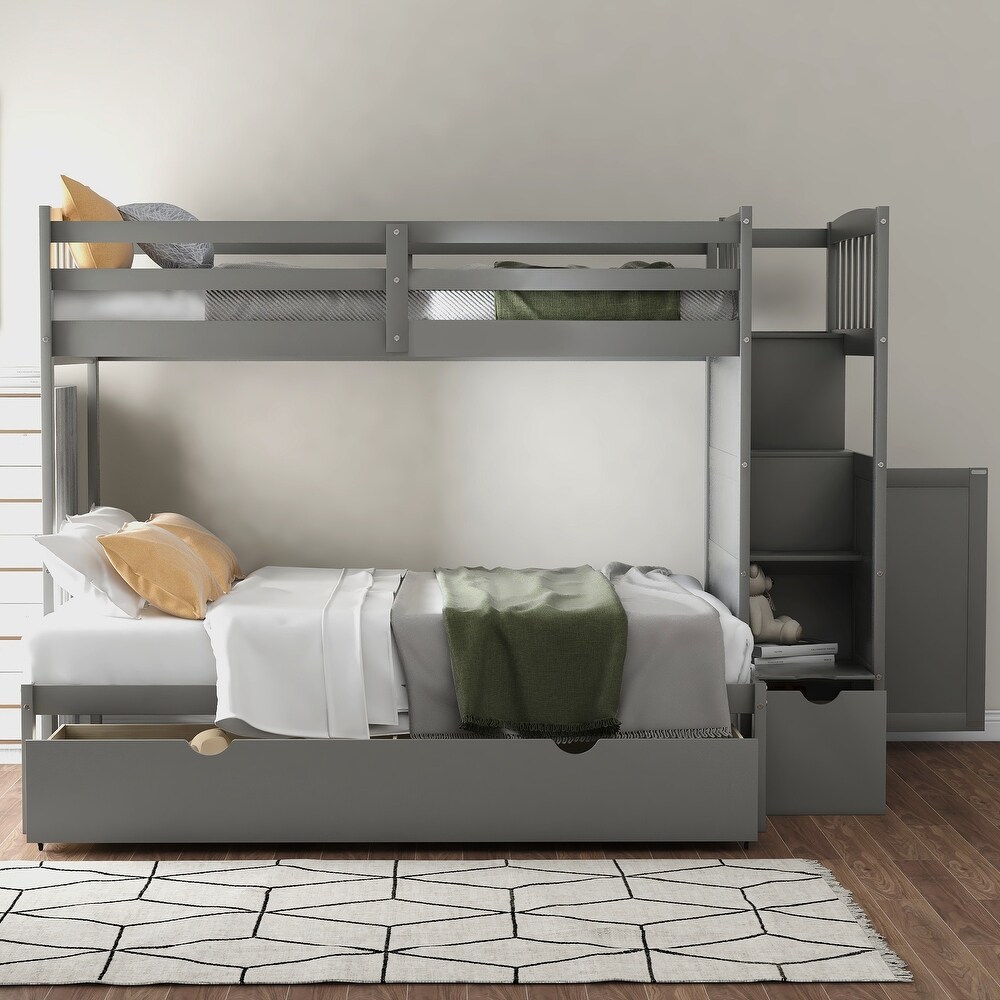 Contemporary Style Twin over Full/Twin Bunk Bed  Convertible Bottom Bed  Storage Shelves and Drawers