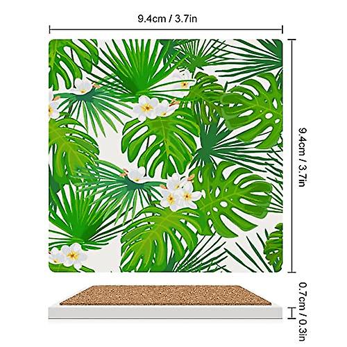 Colourlife Square Drink Coasters 1 Pcs Exotic Green Tropical Flowers And Leaves Absorbent Ceramic Coffee Coasters For Drinks With Cork Base Housewarmi