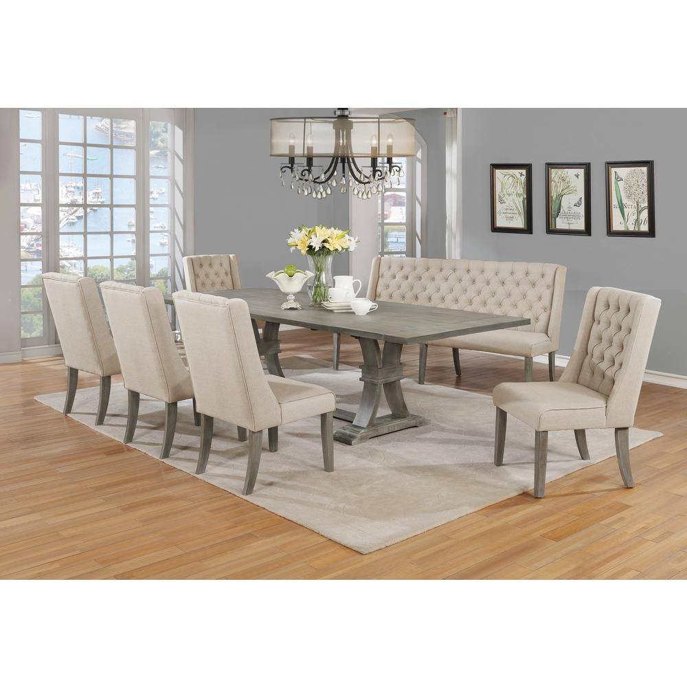 Best Quality Furniture Israel 7-Piece Seating Rectangular Wood Top Rustic Gray Dining Table Set wBeige Linen Fabric Chairs  Bench D25D7