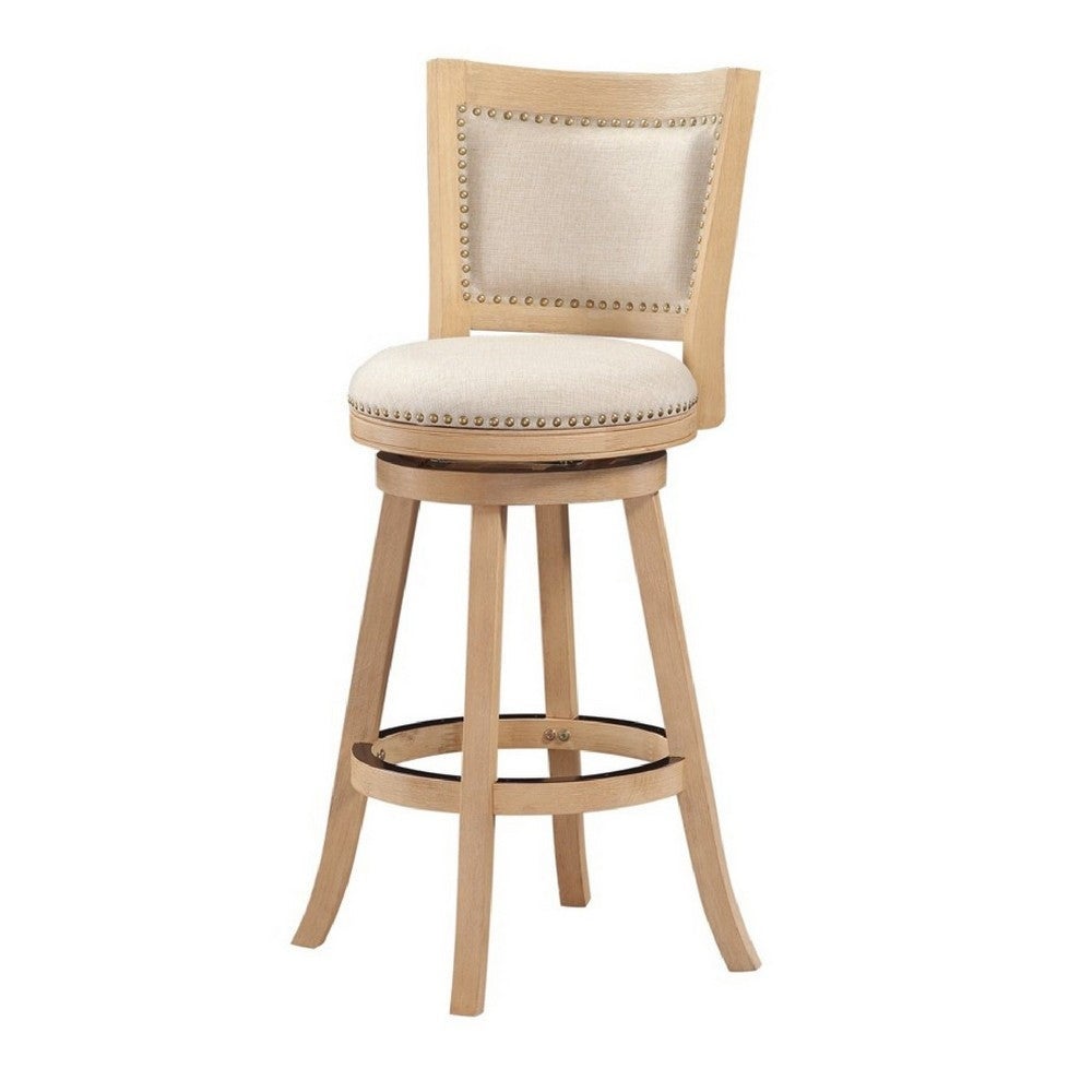 Kia Solid Wood Swivel Barstool， Curved Panel Back， Brass Nailheads， Ivory