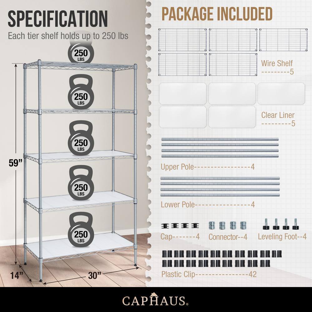 CAPHAUS Grey 5-Tier Adjustable Height Welded Steel Garage Storage Shelving Unit with Liner (30 in. W x 59 in. H x 14 in. D) RWW-CH30145L-SV