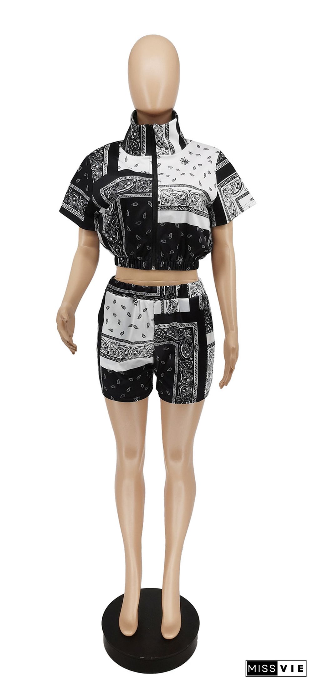 Bandana Paisley Print Short Sleeve Zipper Top Shorts 2 Piece Set