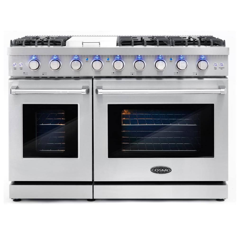 Cosmo 48 in. 6.8 cu. ft. Double Oven Commercial-Style Gas Range with Fan Assist Convection Oven in Stainless Steel COS-EPGR486G