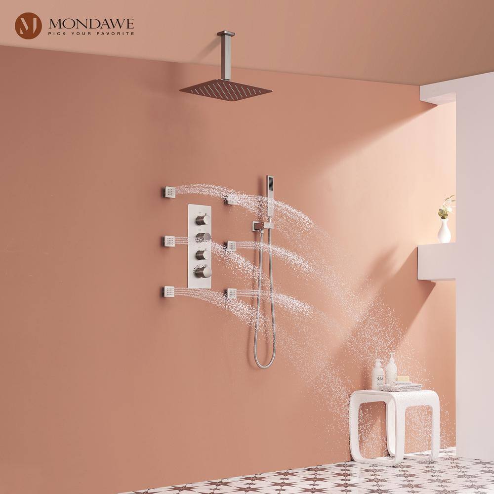 Mondawe Luxury 7-Spray Patterns Thermostatic 12 in. Ceiling Mount Rainfall Dual Shower Heads with 6-Jet in Brushed Nickel WF6310-12BN