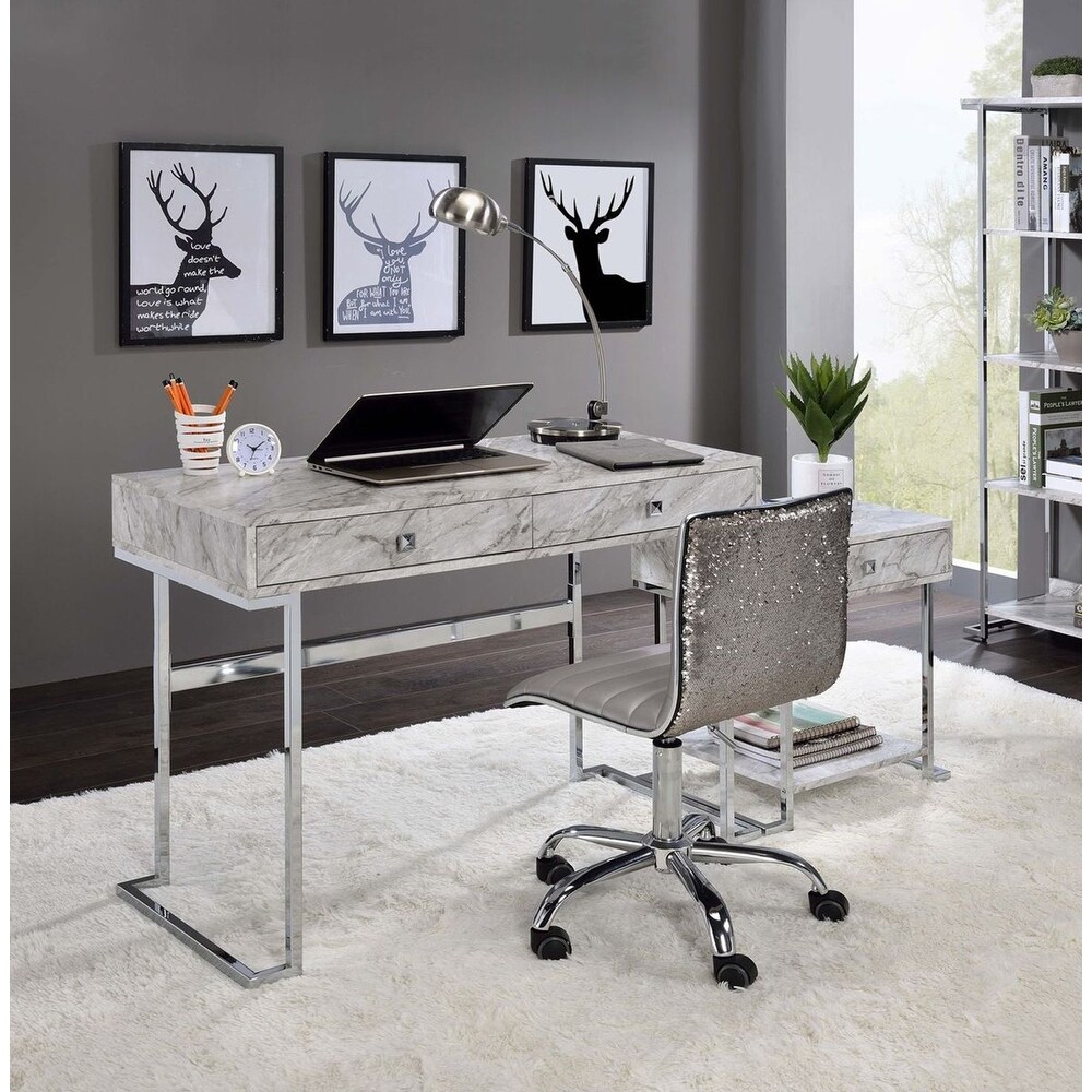 White Printed Faux Marble Writing Desk With 2 Drawers