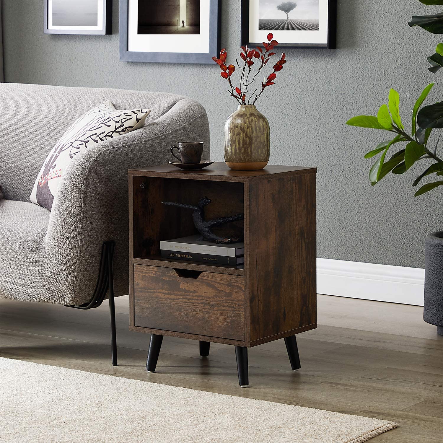 Nightstand Modern Side End Sofa Table Night Stand with Drawer for Living Room Bedroom, Rustic Brown