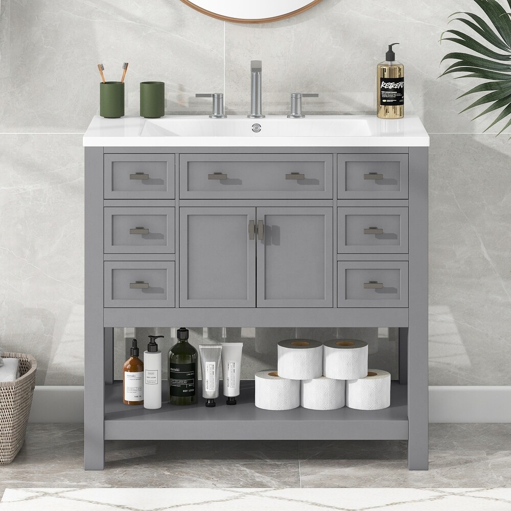 36'' Bathroom Vanity with Top Sink  Modern Bathroom Storage Cabinet with 2 Doors and 6 Drawers  Single Sink Bathroom Vanity