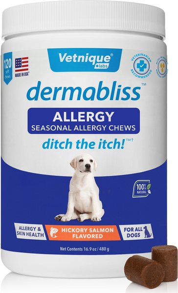 Vetnique Labs Dermabliss Allergy and Immune Salmon Flavored Seasonal Allergy and Fish Oil Soft Chew Supplement for Dogs