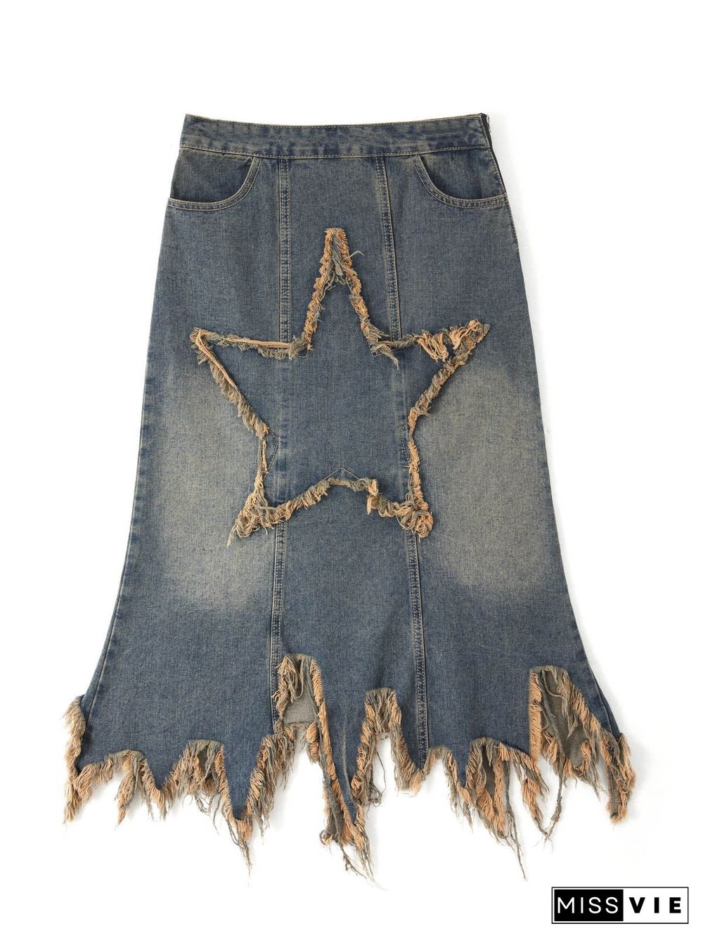 Star Patch Distressed Denim Maxi Skirt