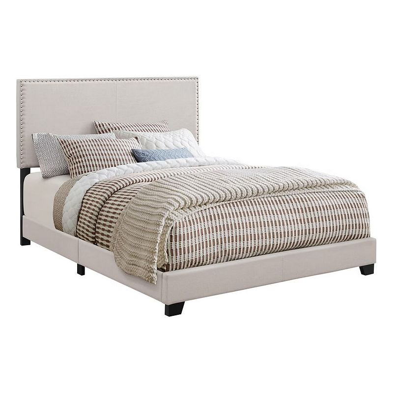 Fabric Upholstered Queen Size Platform Bed with Nail Head Trim， Ivory