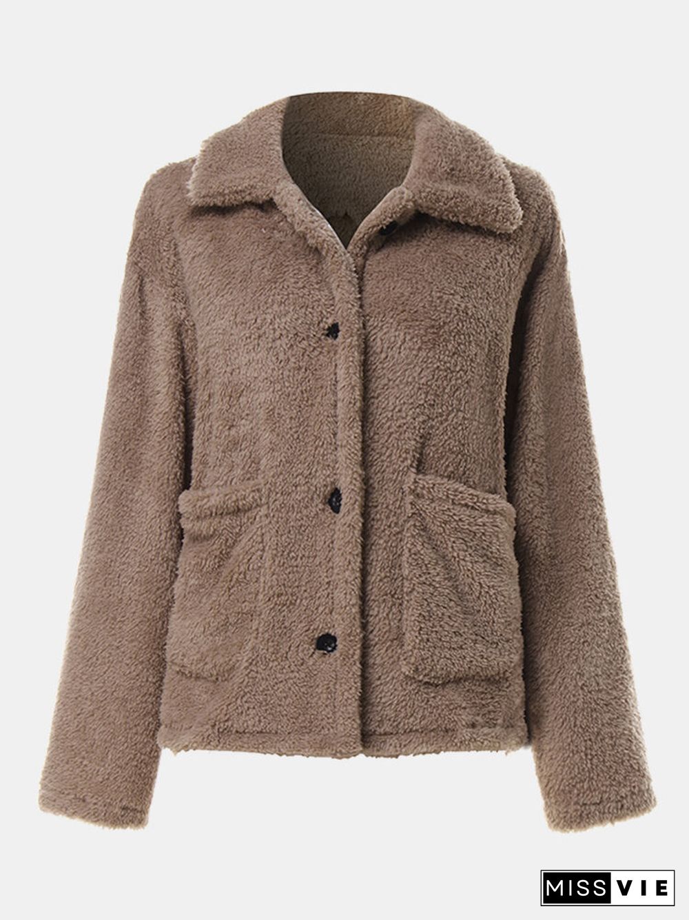 Solid Color Plush Button Pocket Long Sleeve Casual Coat for Women