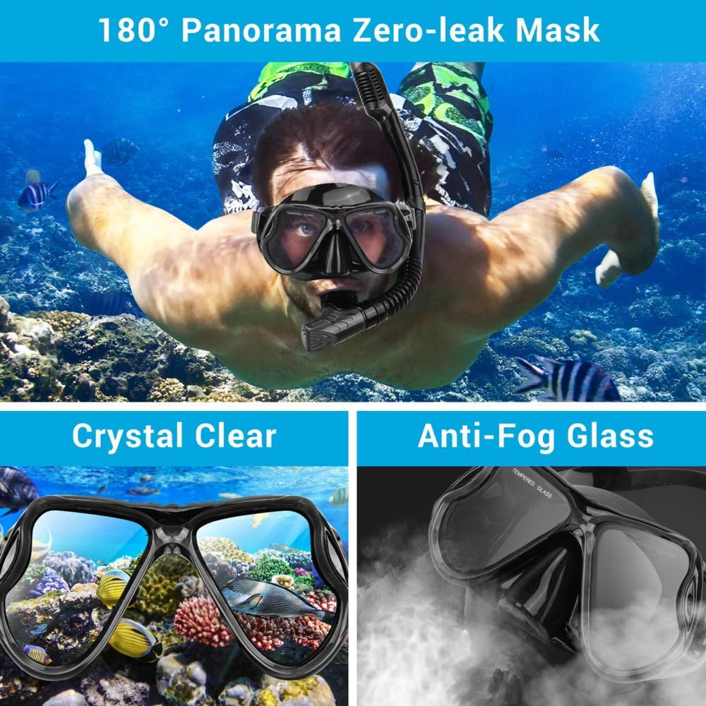 Dry Snorkel Mask Set Adult – Foldable Snorkeling Gear Equipment with Switchable Dry top， Purge Valve Tube， Anti Fog 180 Panoramic Silicone Mask No Leak Seal Mask for Adults and Youth