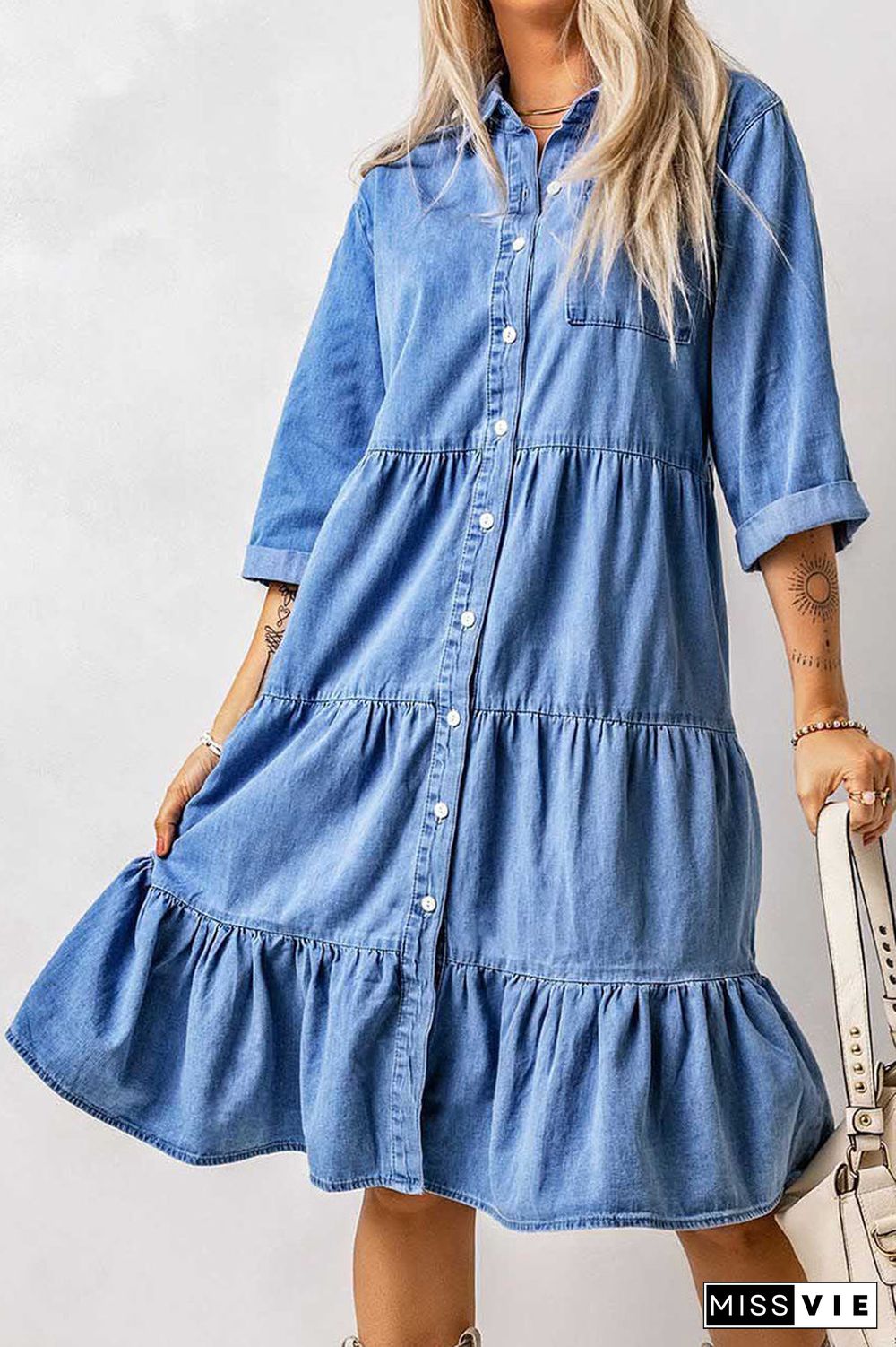 Casual Street Solid Patchwork Turndown Collar Nine Points Sleeve Loose Denim Dresses