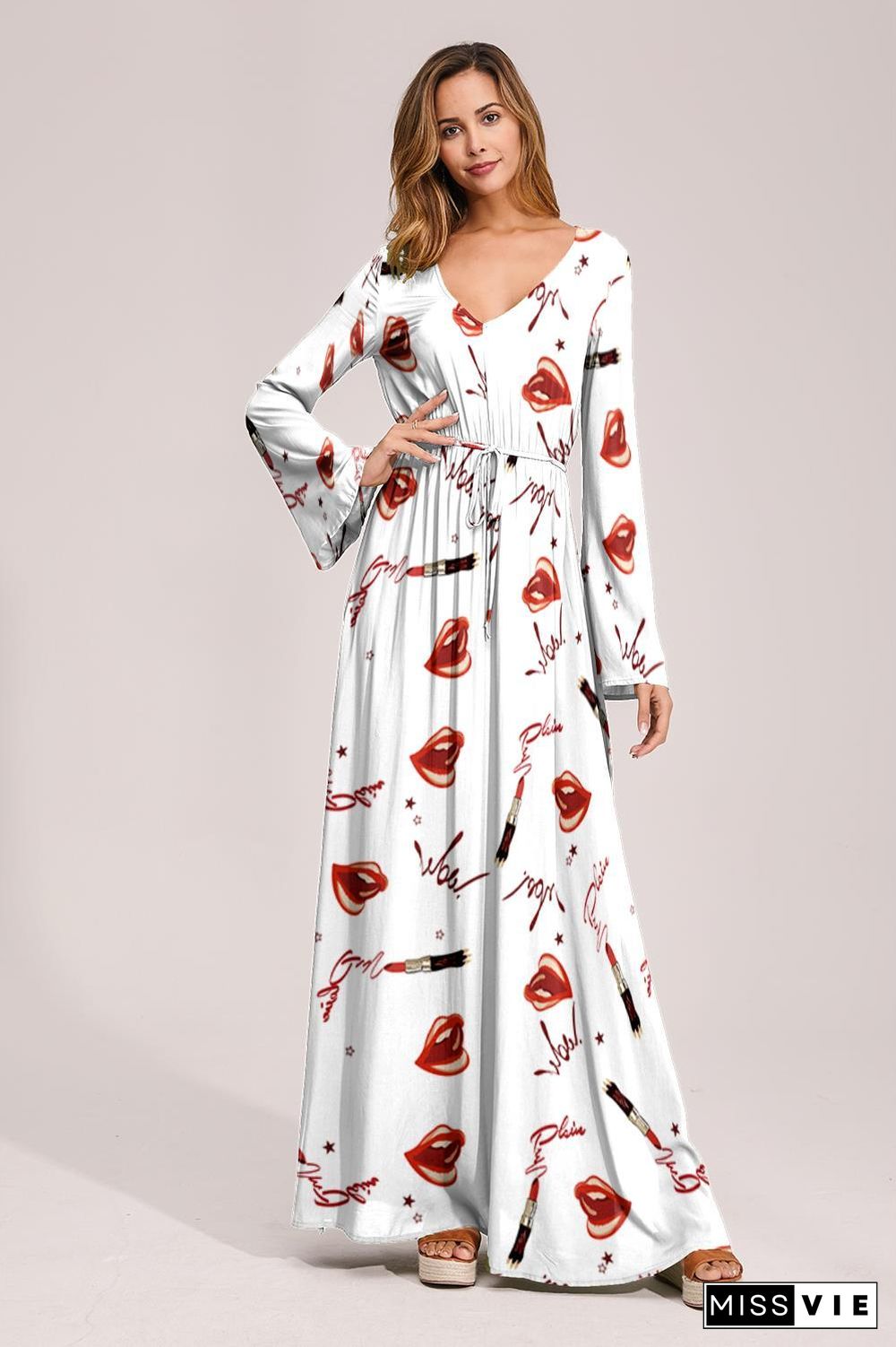 Floral Deep Long Sleeves Tie Back Ruffled Hem Maxi Dress