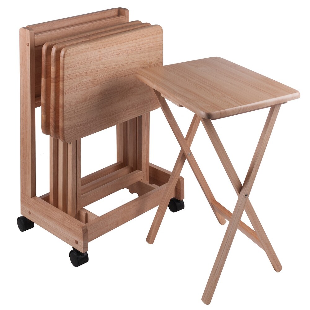 5 Pc Natural Wood Brienda Flip Top Snack Table Set with Mobile Stand 32\