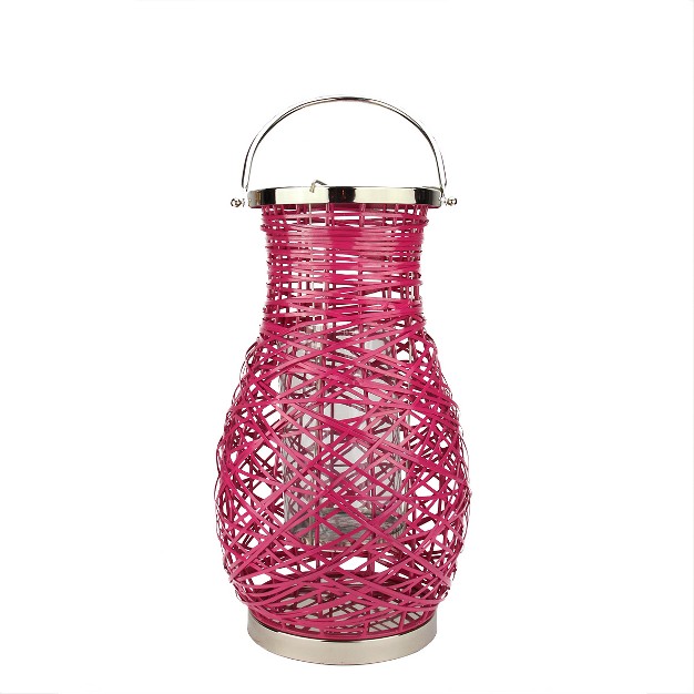 Modern Fuchsia Pink Decorative Woven Iron Pillar Candle Lantern With Glass Hurricane