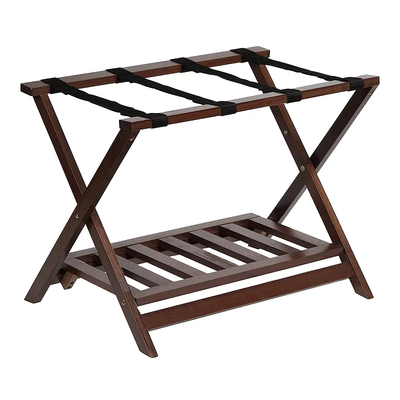 Pj Wood Hotel Style Home Folding Suitcase Luggage Rack W/shelf， Walnut (2 Pack)