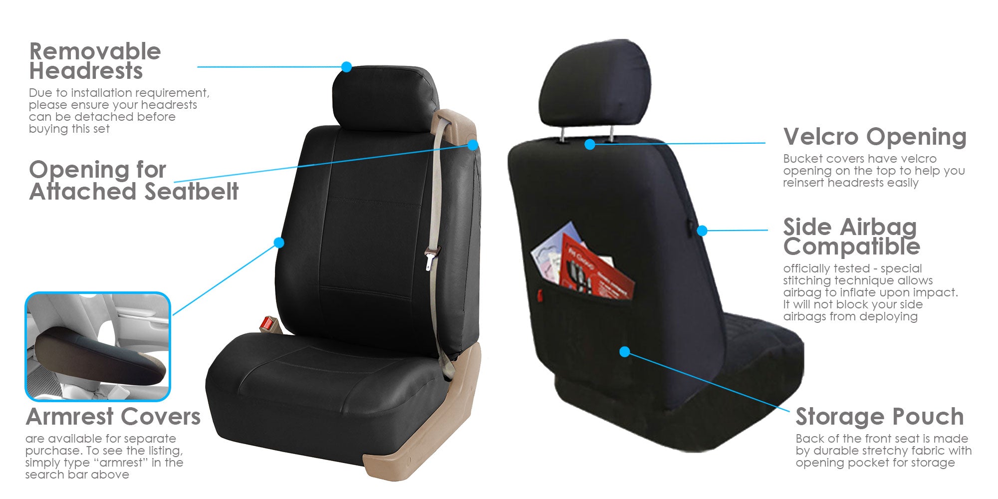 FH Group PU Leather Integrated Seatbelt Seat Covers， Full Set with Black 4pcs Carpet Floor Mats， Black