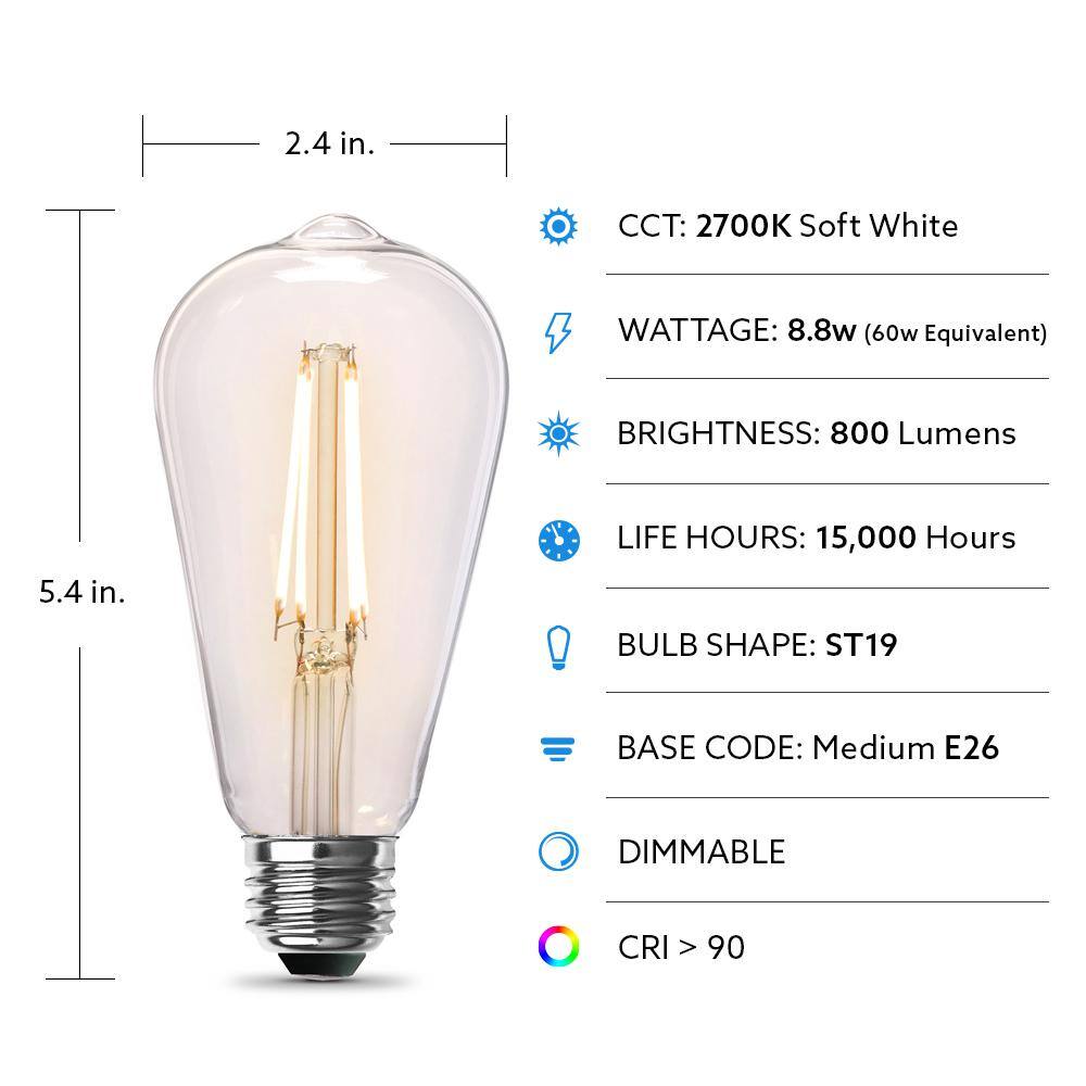 Feit Electric 60-Watt Equivalent ST19 Dimmable Straight Filament Clear Glass Vintage Edison LED Light Bulb Soft White (4-Pack) ST1960CL927CAHDRP4