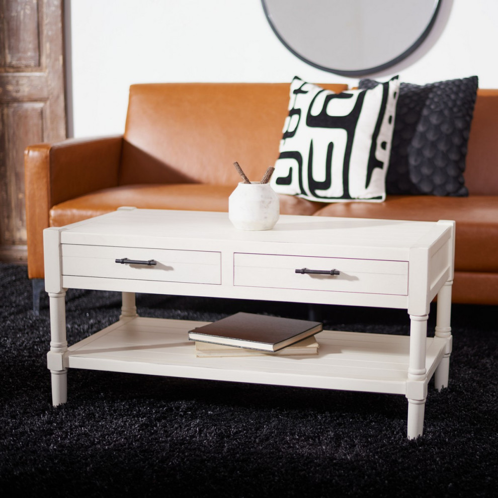 Berta 2 Drawer Coffee Table  Distressed White   Traditional   Coffee Tables   by Rustic Home Furniture Deco  Houzz