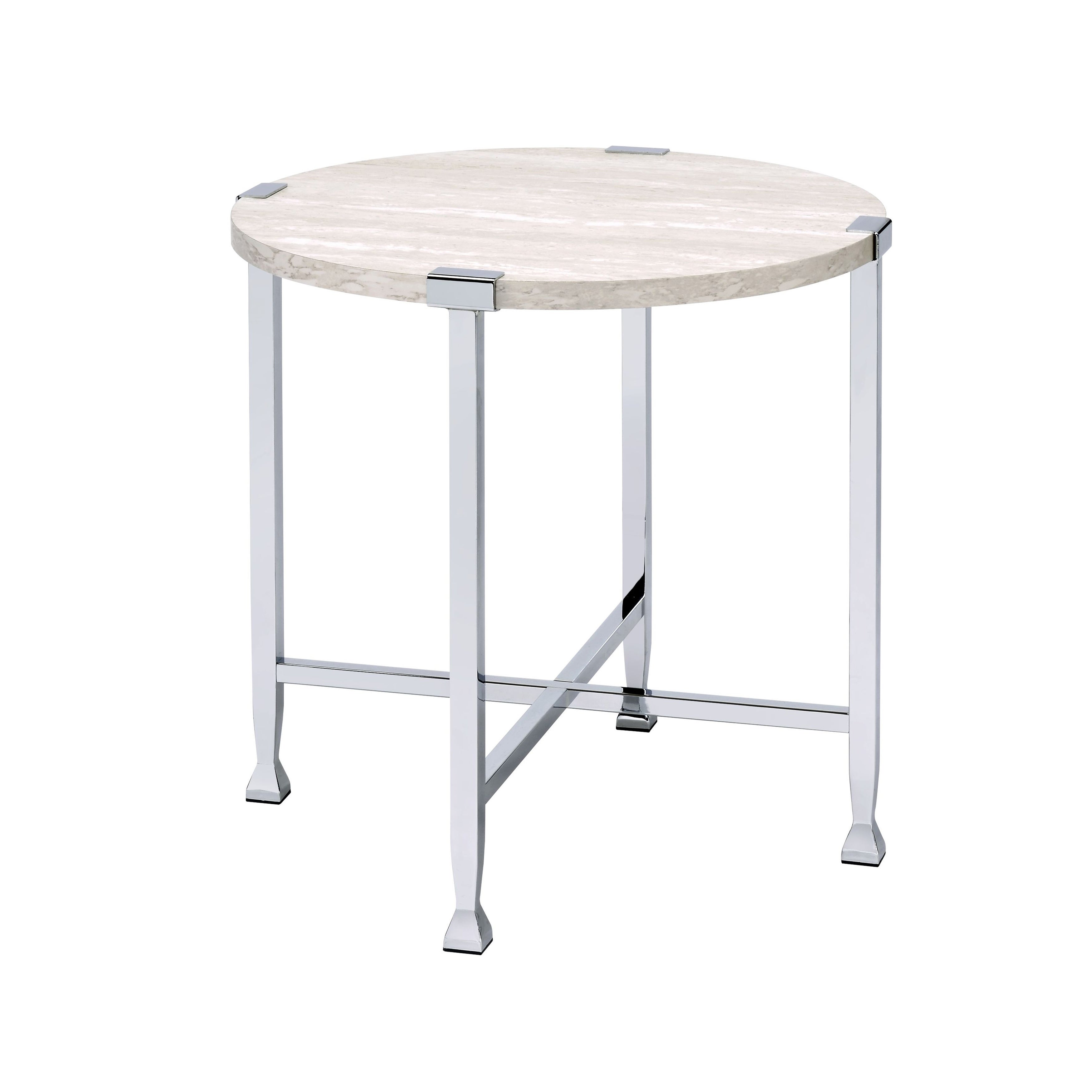 End Table with X Shaped Metal Base and Round Wooden Top，Silver and Beige