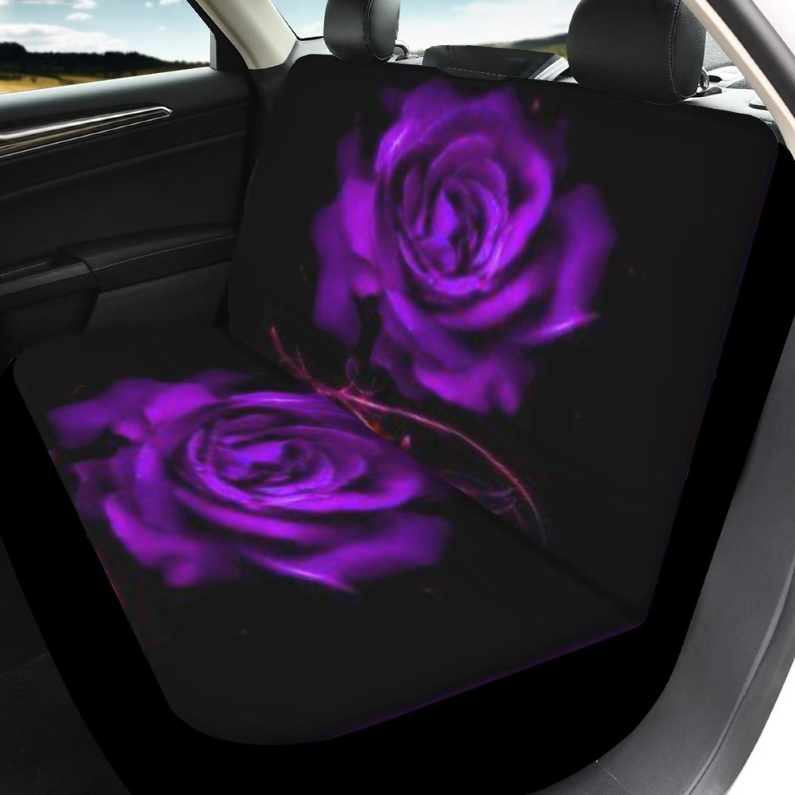 Diaonm Car Accessories for Women，Purple Rose Print Car Seat Covers，Universal Front and Rear Bench Back Seat Cover for Cars Suvs Trucks Decorative Auto Seat Protector，Black